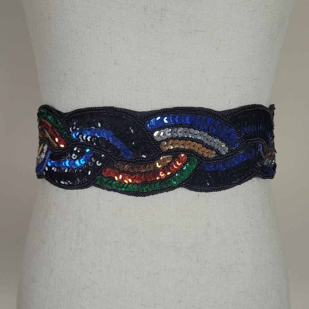Magid Belt OS Black Silk Sequin Wide Waist Statement Disco 80s Glam Embellished